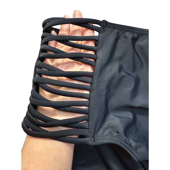 Decree High Waisted Cheeky Black Bikini Bottoms Size 3X With Strappy Sides - Picture 2 of 7